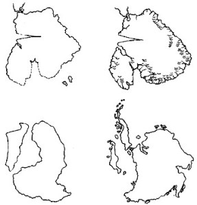 Comparación de Hancock de los mapas de Mercator, Orontius Finaeus y de Philippe Buache de la Terra Australis con los resultados de los datos sísmicos 1957-8: difícilmente se le puede llamar impresionante.